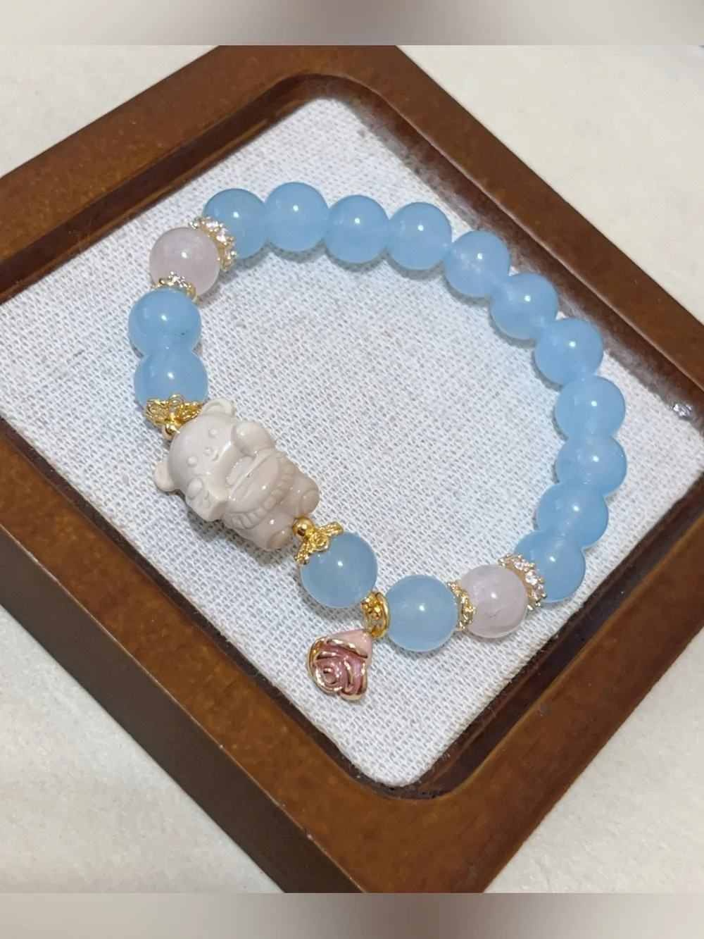 Handmade Blue Chalcedony Bracelet with Cute Alashan Agate stone charm 10mm